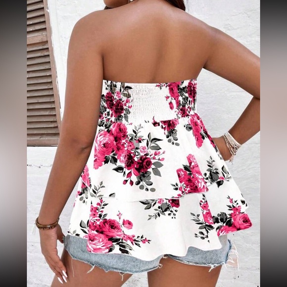 Boho plus size floral print shirred tube blouse - Picture 2 of 3